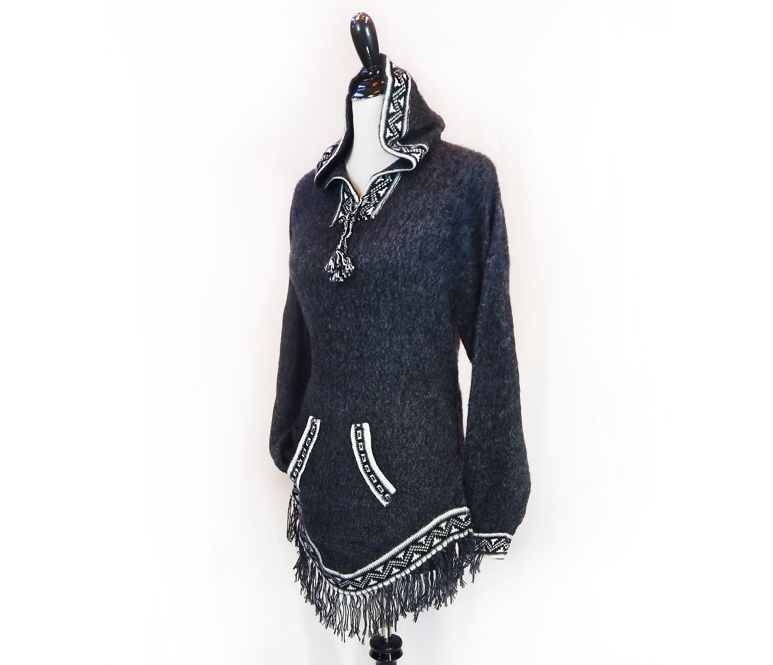 Fine Alpaca Wool Pullover Handmade Super Soft Fiber Woven Sweater Dark Gray