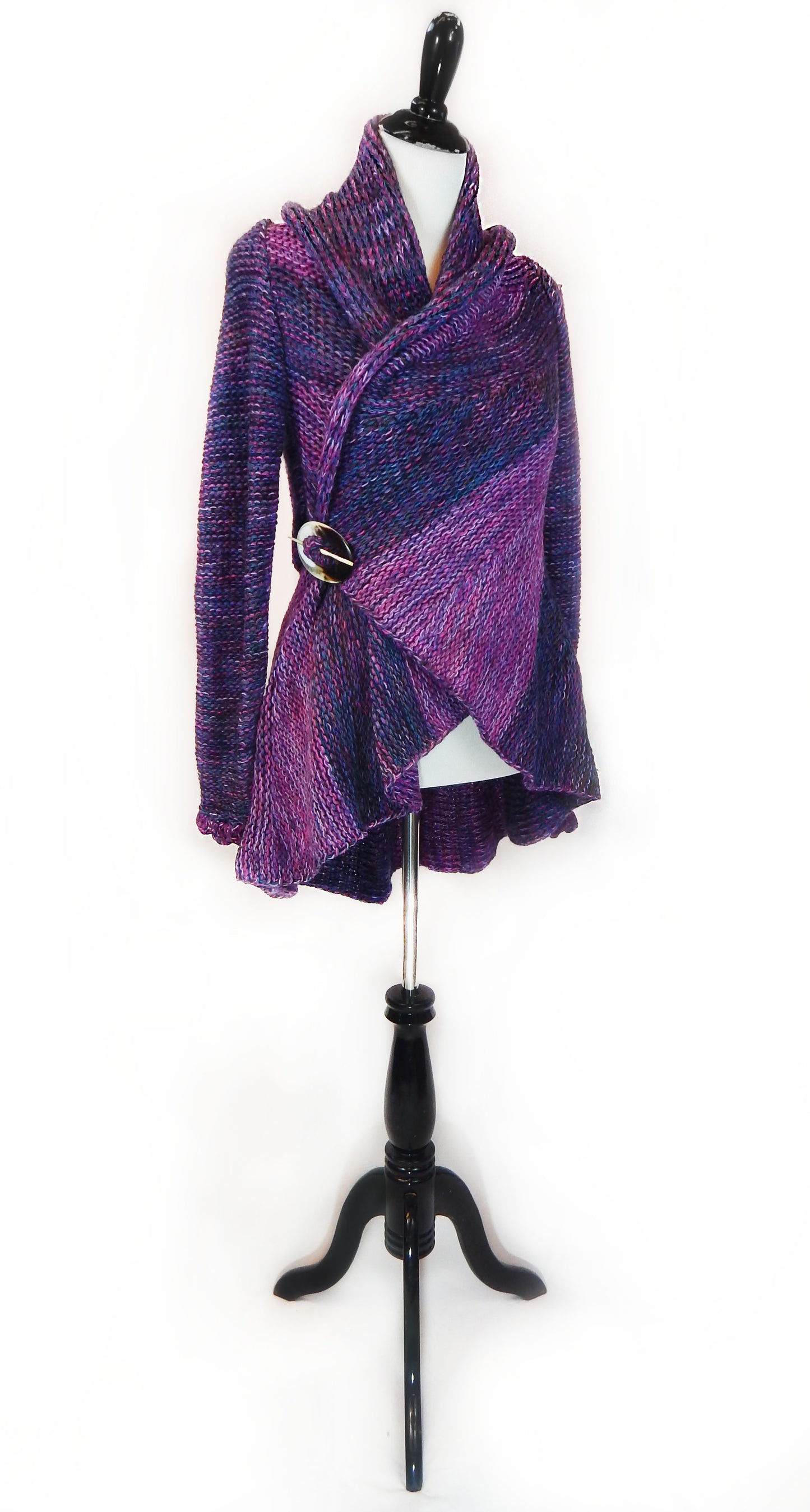 Fine Alpaca Wool Tailored Knit Peacoat Cardigan Sweater Open Versatile Stylish Elegant Fitted Wrap Crochet Sleeve Purple Violet Shades