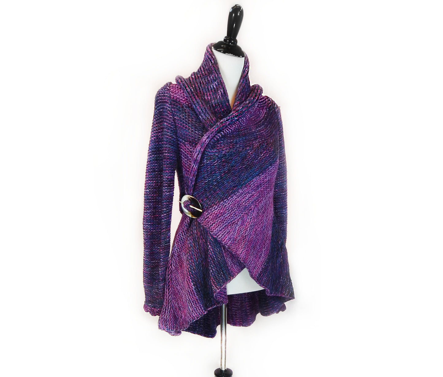 Fine Alpaca Wool Tailored Knit Peacoat Cardigan Sweater Open Versatile Stylish Elegant Fitted Wrap Crochet Sleeve Purple Violet Shades