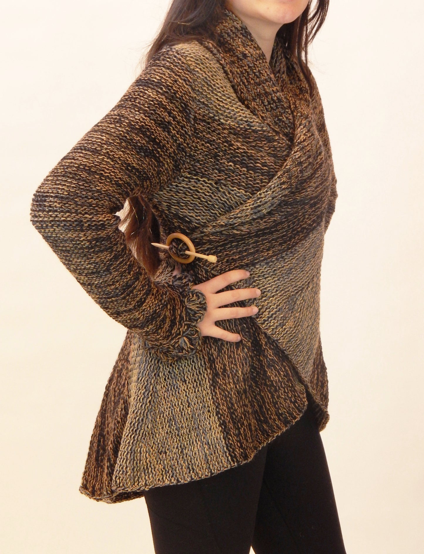 Fine Alpaca Wool Tailored Peacoat Cardigan Petticoat Jacket Knitted Coat Open Versatile Stylish Elegant Fitted Wrap Crochet Sleeve Browns