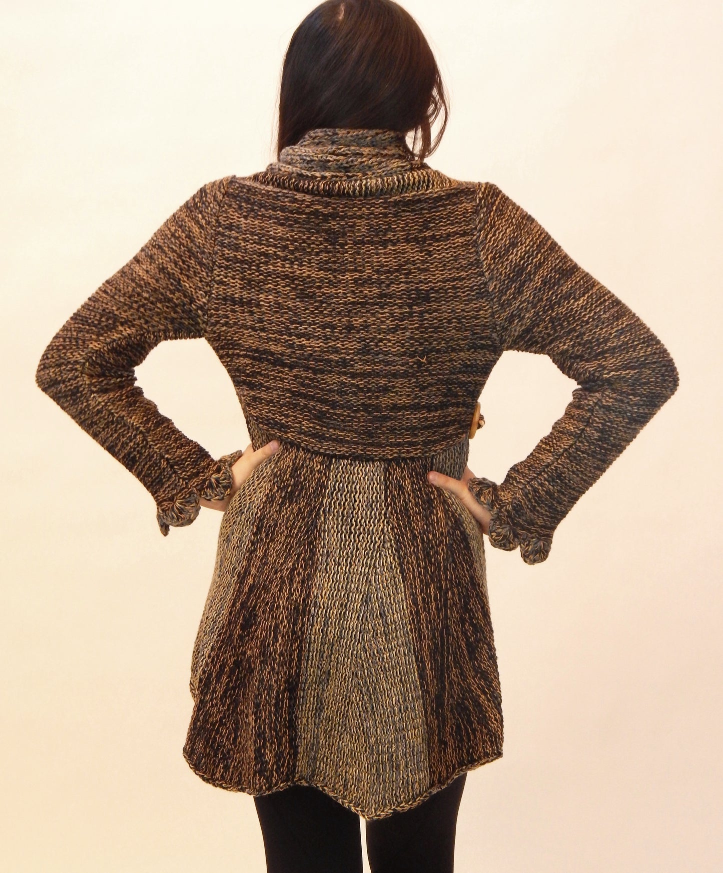 Fine Alpaca Wool Tailored Peacoat Cardigan Petticoat Jacket Knitted Coat Open Versatile Stylish Elegant Fitted Wrap Crochet Sleeve Browns